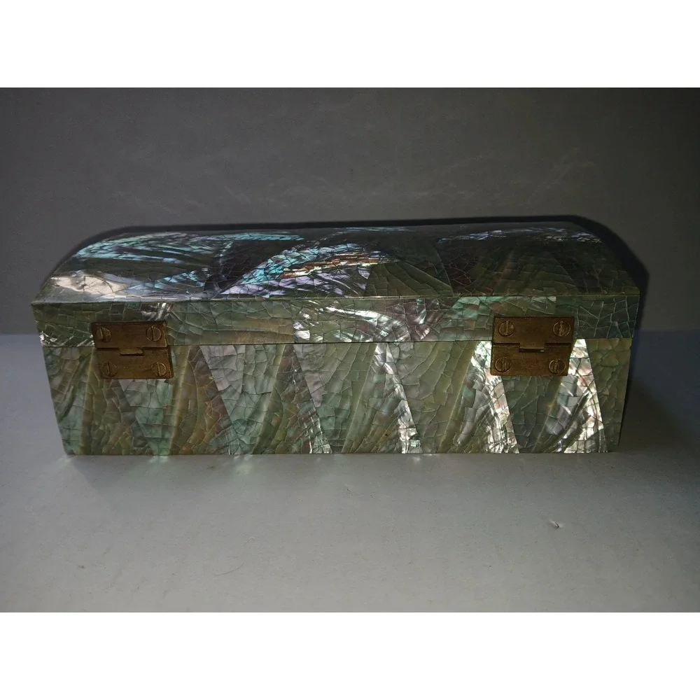 Vintage Iridescent Crackled Abalone‎ Mosaic Humpback Jewelry Box w/red Interior